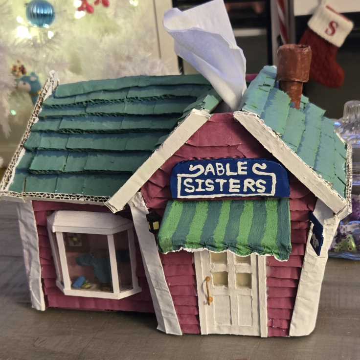 Tissue box cover that looks like the Able Sisters store from Animal Crossing New Horizons. It's a building with red siding, a green shingled roof, and white trim. There's a sign above the door that reads Able Sisters and has a green striped awning under that sign. On the left side of the front there's a display window with a mannequin and some spools of thread.