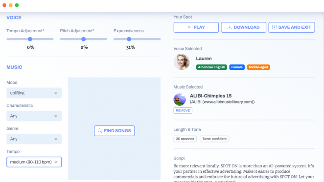 audio ai user interface showing the various adjustments one can make to a voice.