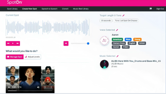 Spot On user interface showing a soundwave under the header Current Spot, and options to manage the spec spot and adjust audio levels.
